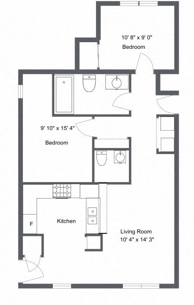 Floor plan for 2 beds, 1.5 baths, 1050 sqft